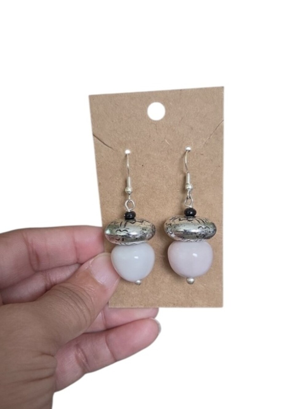 Vintage Handmade White Pink Bead Drop Earrings with Silver Toned Tribal Accents